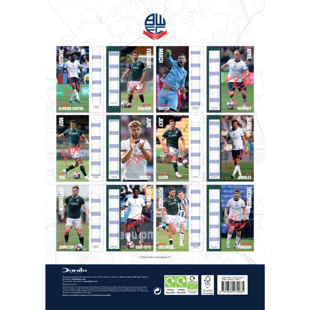 2025 A3 Wall Calendar Showcasing Bolton Wanderers FC Players