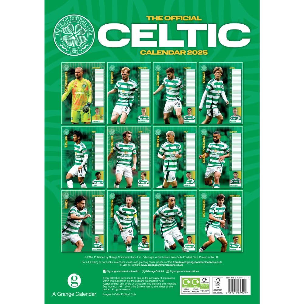 2025 A3 Wall Calendar Showcasing Popular Celtic FC Players