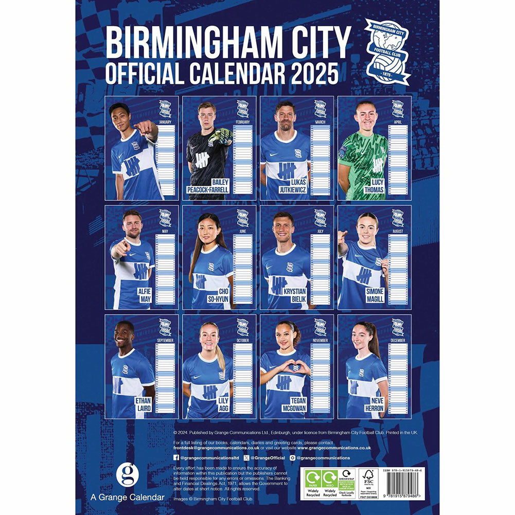 2025 A3 Wall Calendar Showcasing Your Favorite Birmingham City Football Club Players