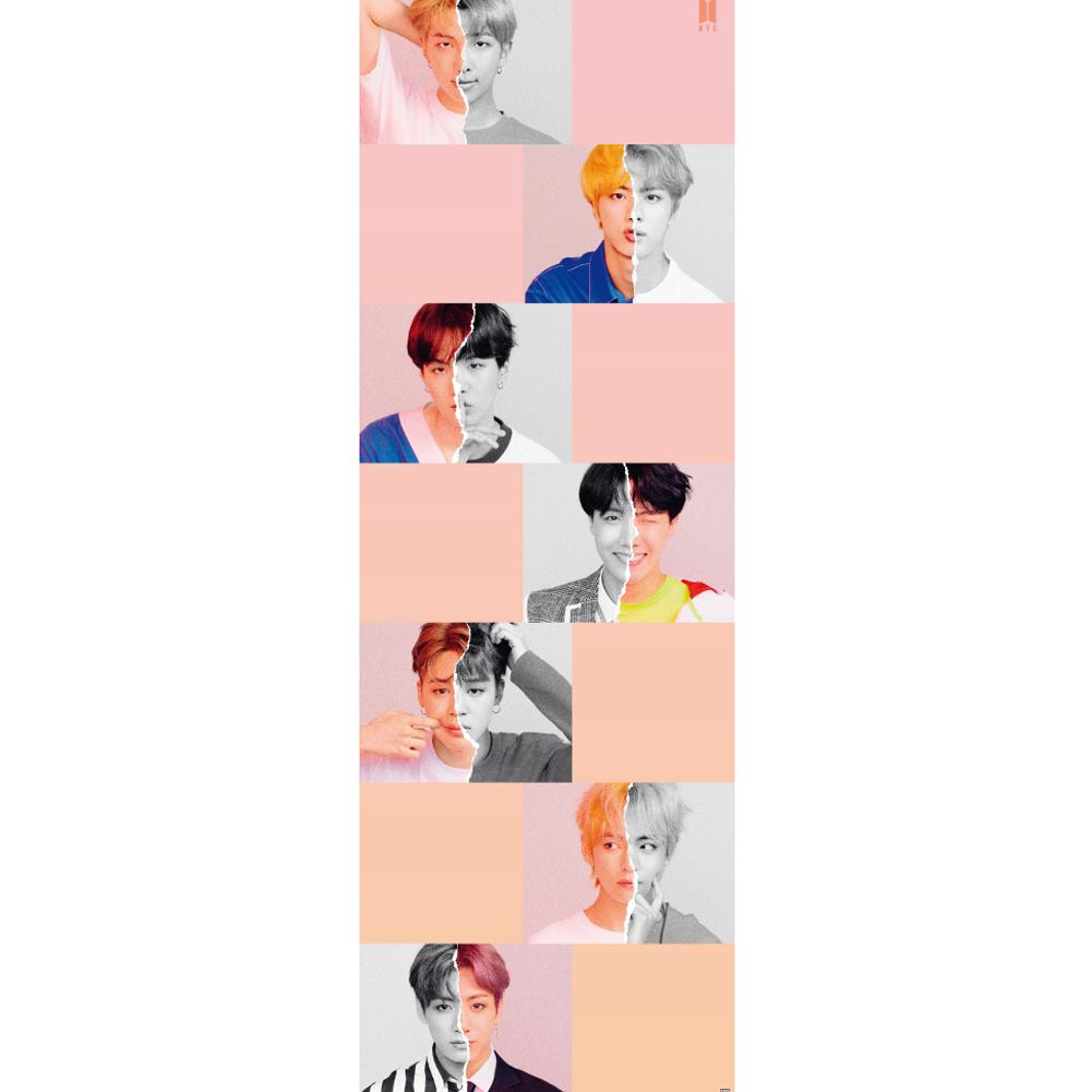 BTS Band Rolled Door Poster 301 with Staggered Pictures on Pink Background