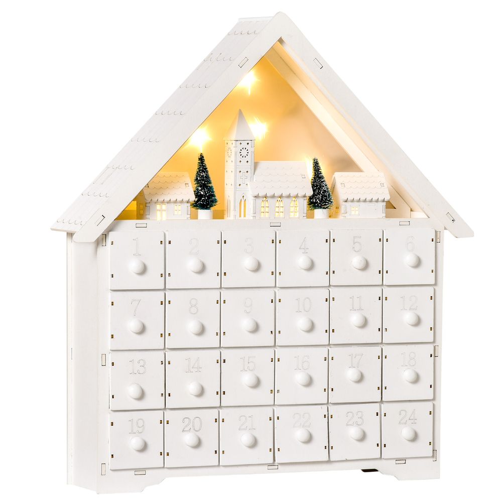 Wooden 24-Drawer Light-Up White Christmas Advent Calendar for Countdown