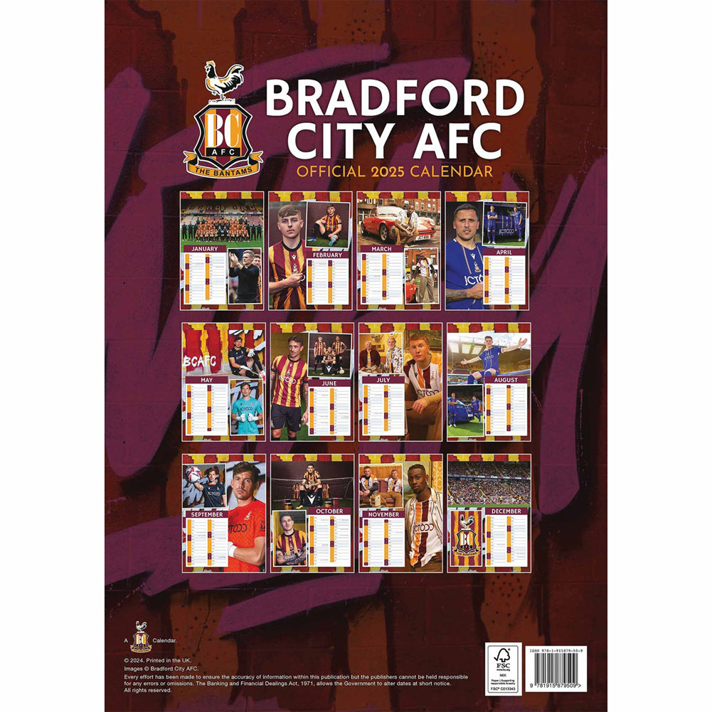 Bradford City Football Club Official A3 Wall Calendar for the Year 2025