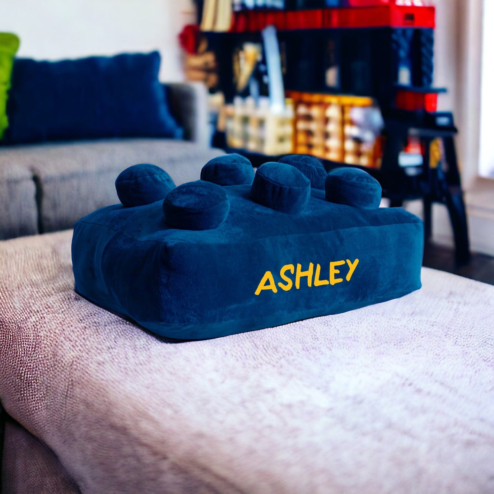 Personalizable Blue Vintage Building Brick Style Cushion