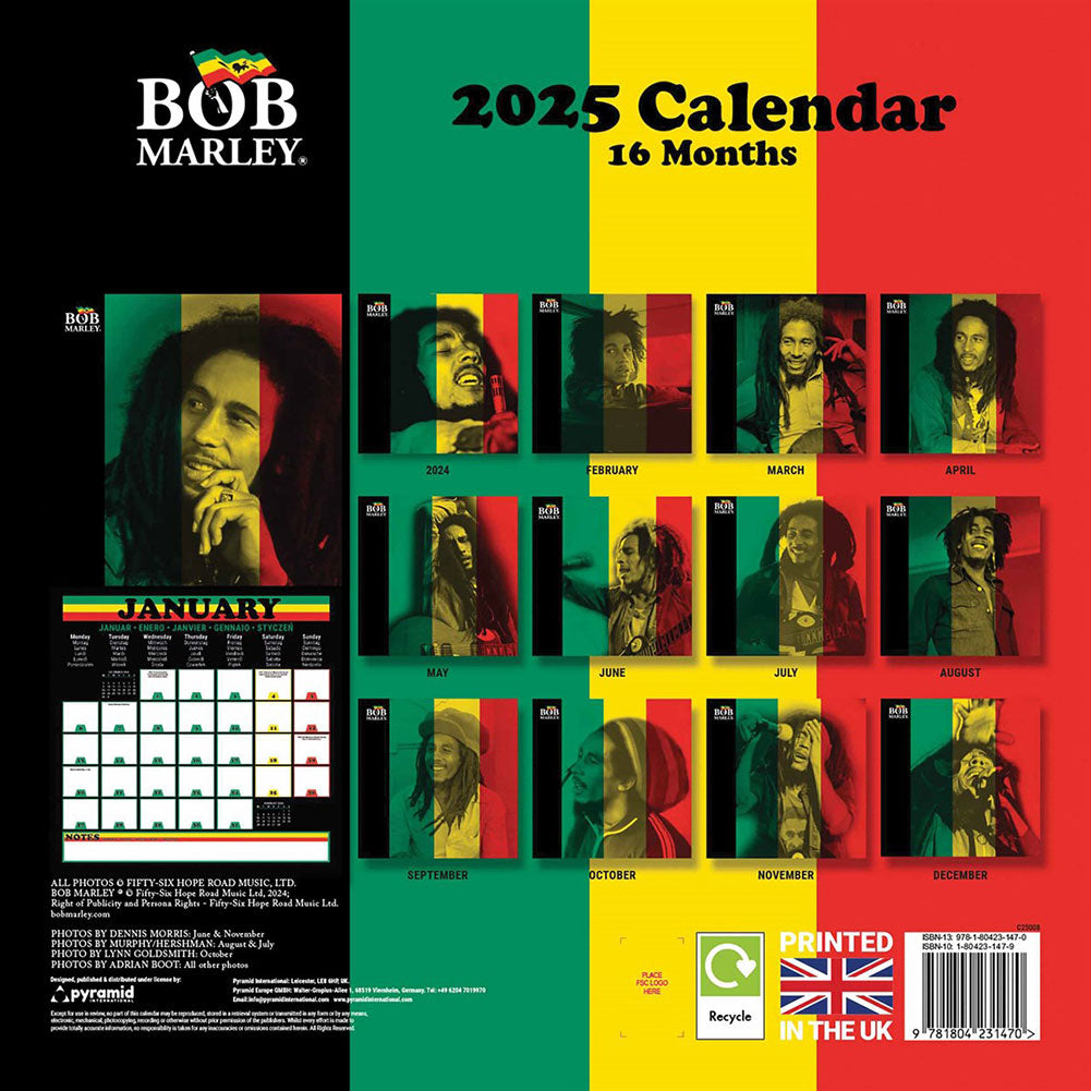 2025 Bob Marley Square Wall Calendar with Classic Jamaican Colors