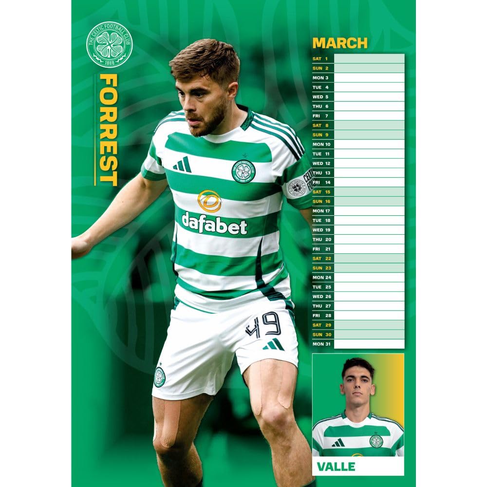 2025 A3 Wall Calendar Showcasing Popular Celtic FC Players