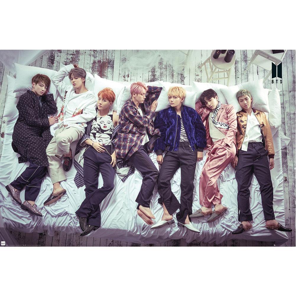 High - resolution BTS Band Members on Bed Maxi Rolled Poster