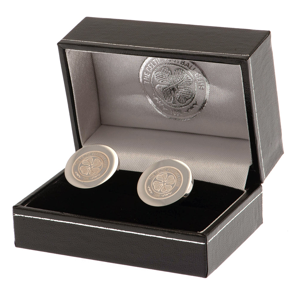 Chrome - Finished Stainless Steel Round Celtic FC Crest - Engraved Cufflinks