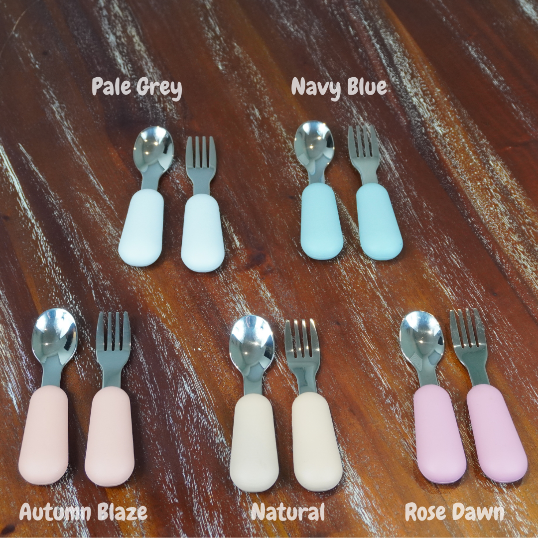 Safe and Comfortable Alimos Stainless Steel Toddler Feeding Spoon and Fork Set with Round Handles