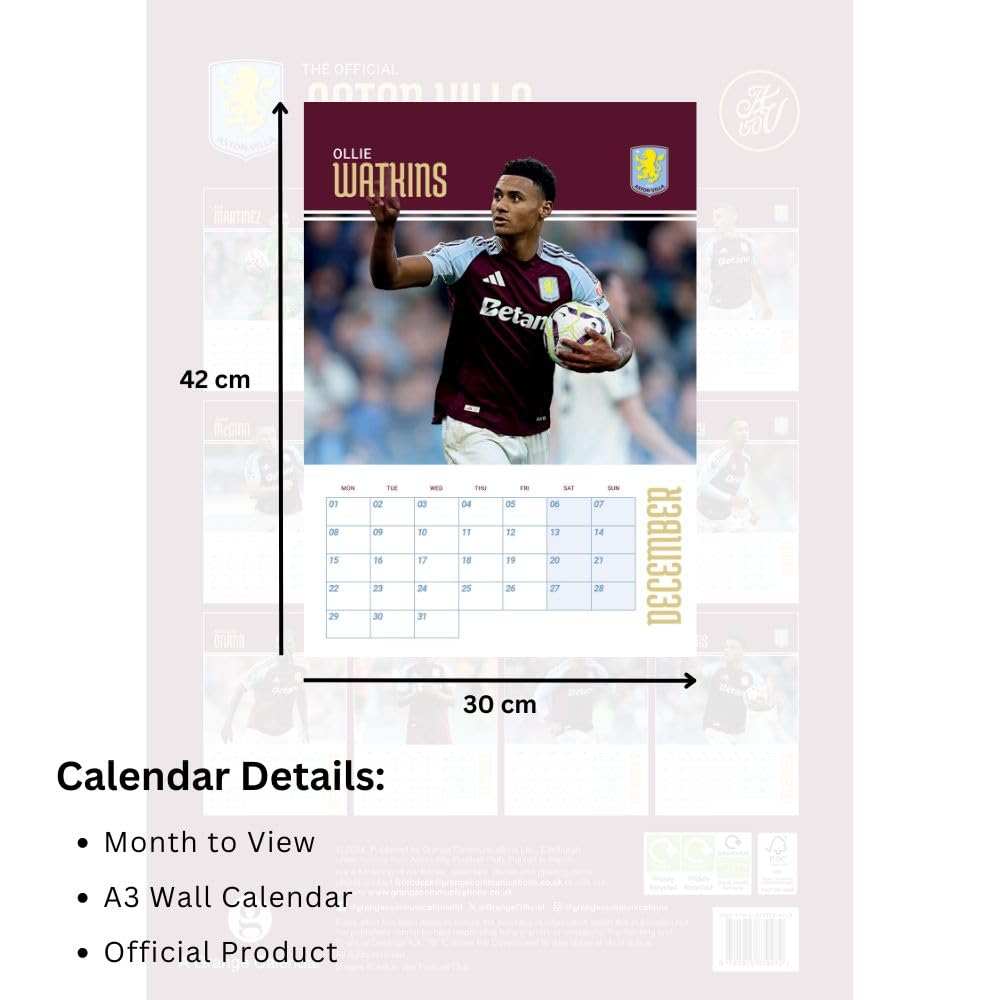 2025 Aston Villa Football Club Official A3 Wall Calendar
