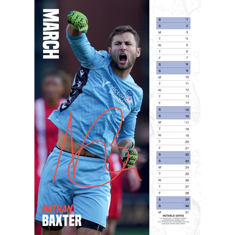 2025 A3 Wall Calendar Showcasing Bolton Wanderers FC Players