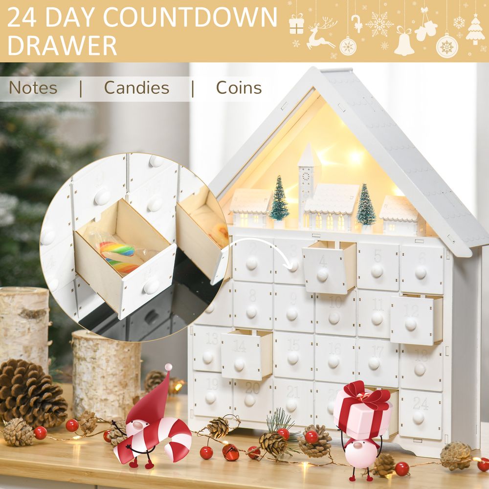 Wooden 24-Drawer Light-Up White Christmas Advent Calendar for Countdown