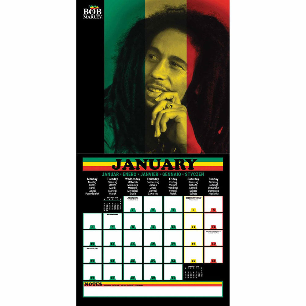2025 Bob Marley Square Wall Calendar with Classic Jamaican Colors