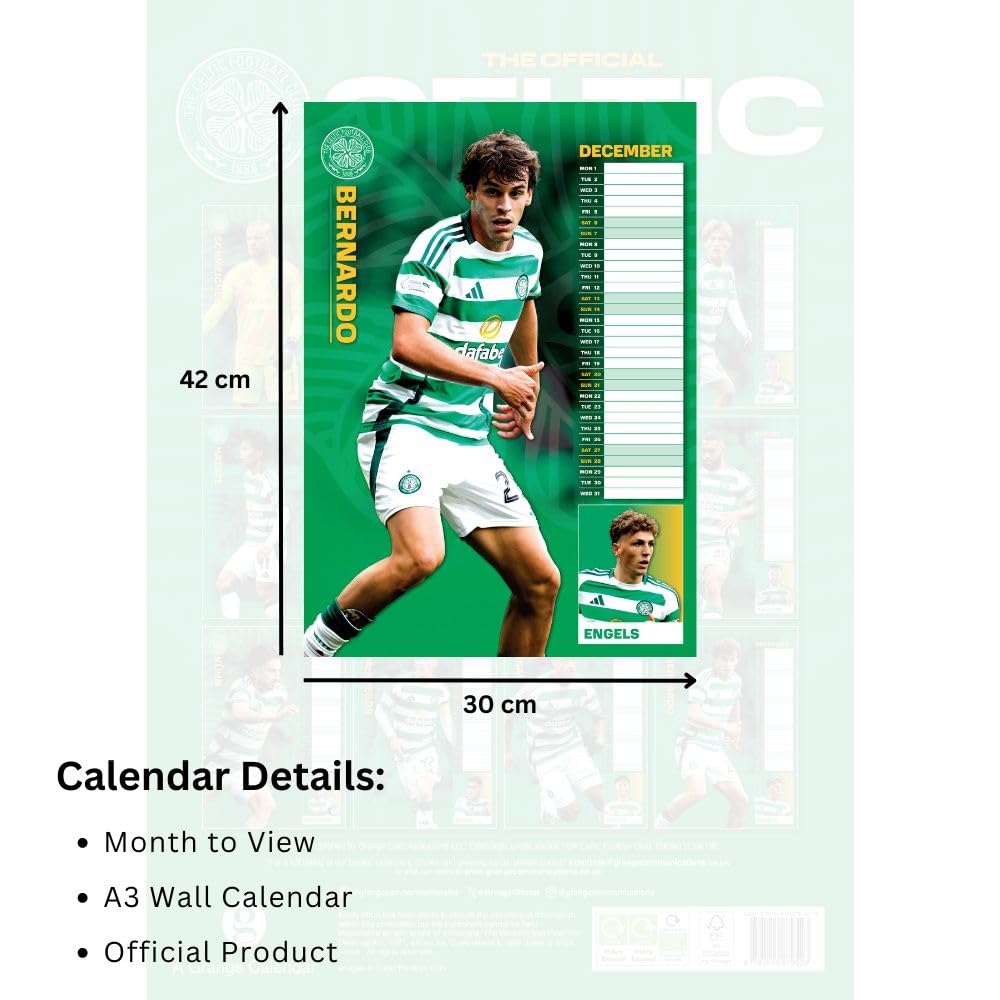 2025 A3 Wall Calendar Showcasing Popular Celtic FC Players