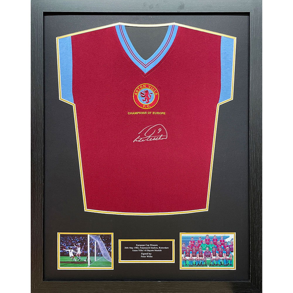 Framed Signed Replica Football Shirt of Aston Villa FC 1982 by Peter Withe