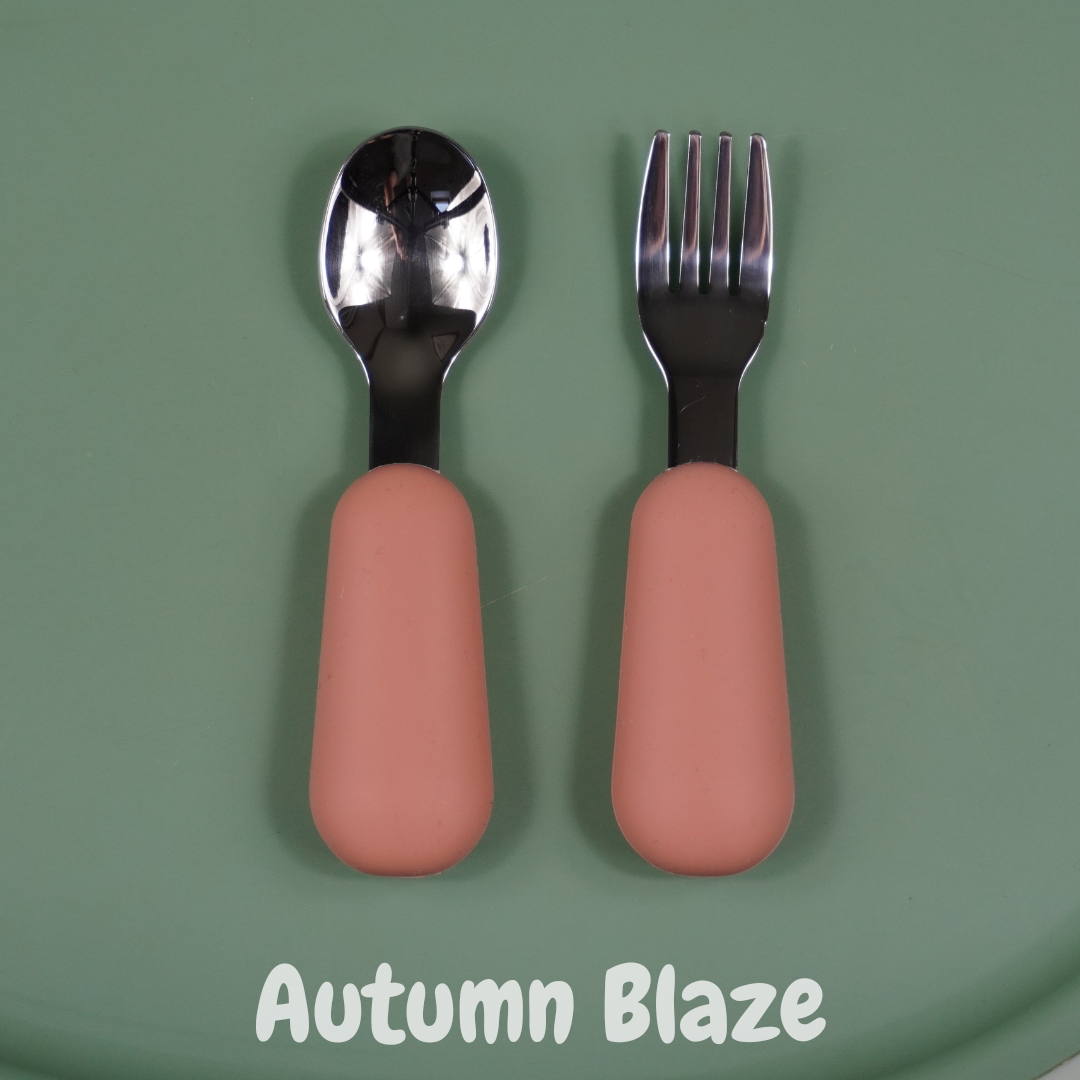 Safe and Comfortable Alimos Stainless Steel Toddler Feeding Spoon and Fork Set with Round Handles