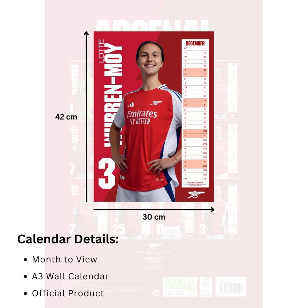 2025 A3 Wall Calendar Showcasing Arsenal Women's FC Players