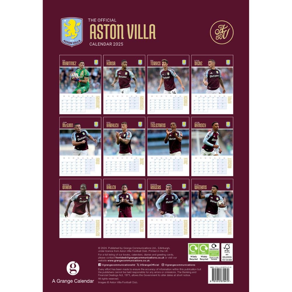2025 Aston Villa Football Club Official A3 Wall Calendar