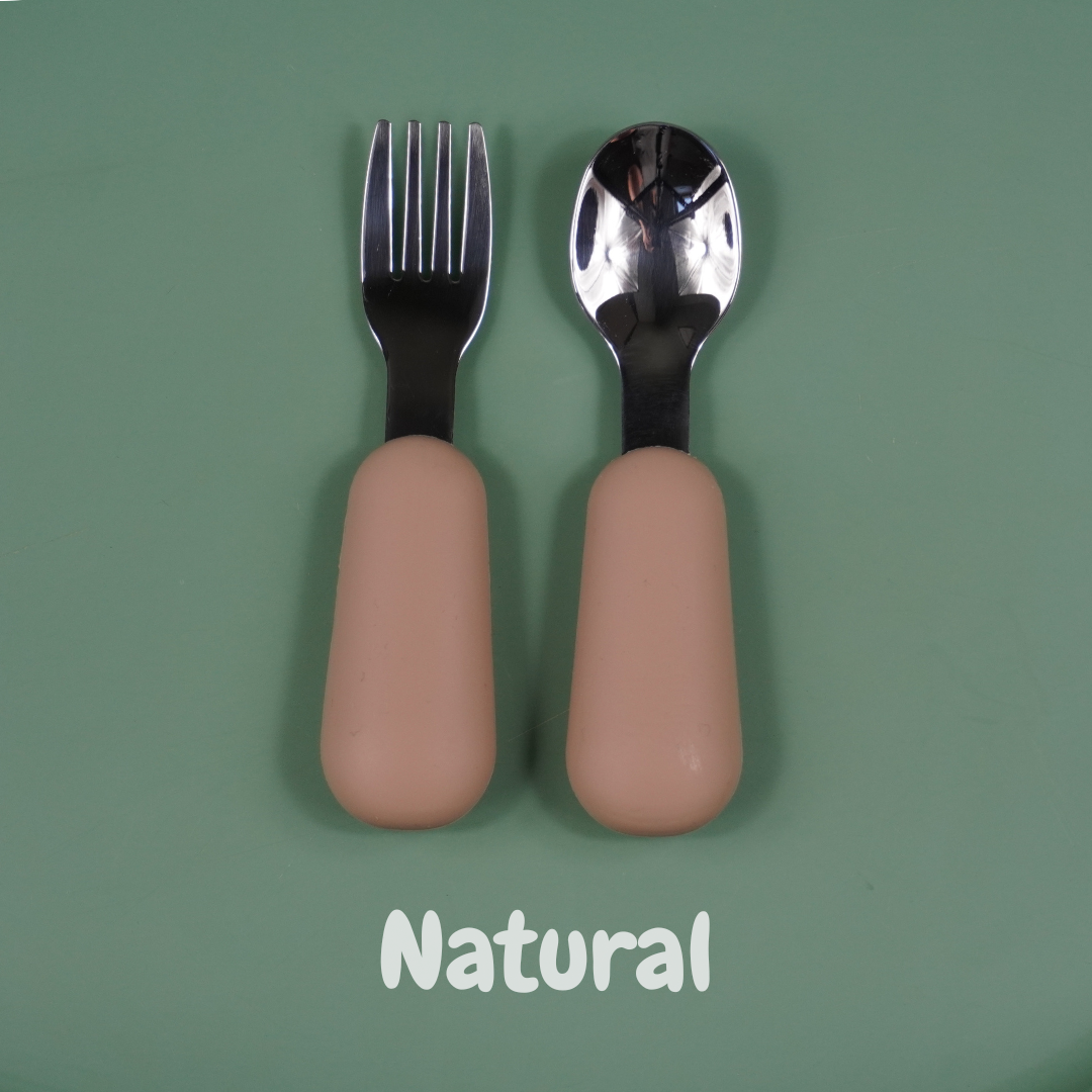 Safe and Comfortable Alimos Stainless Steel Toddler Feeding Spoon and Fork Set with Round Handles