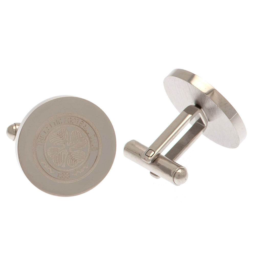 Chrome - Finished Stainless Steel Round Celtic FC Crest - Engraved Cufflinks