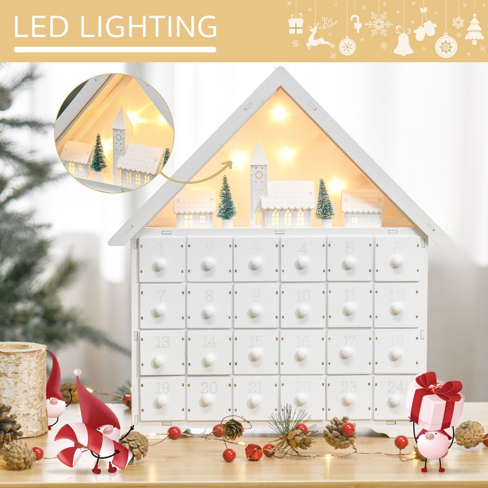 Wooden 24-Drawer Light-Up White Christmas Advent Calendar for Countdown