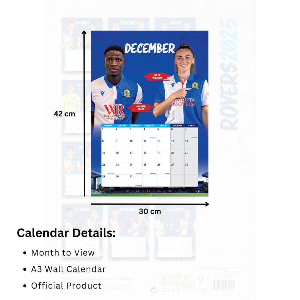 2025 A3 Wall Calendar Showcasing Blackburn Rovers FC's Top Players