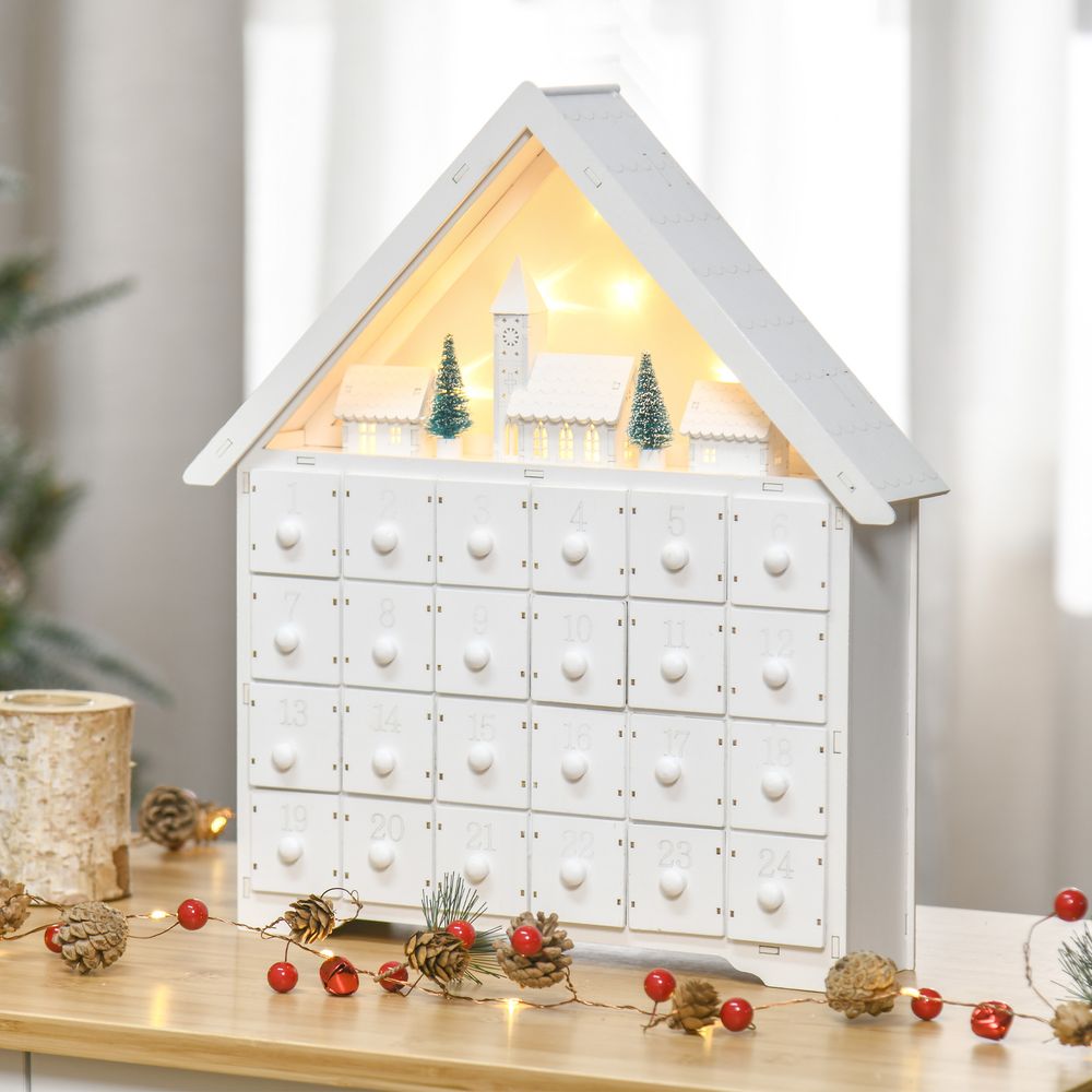 Wooden 24-Drawer Light-Up White Christmas Advent Calendar for Countdown