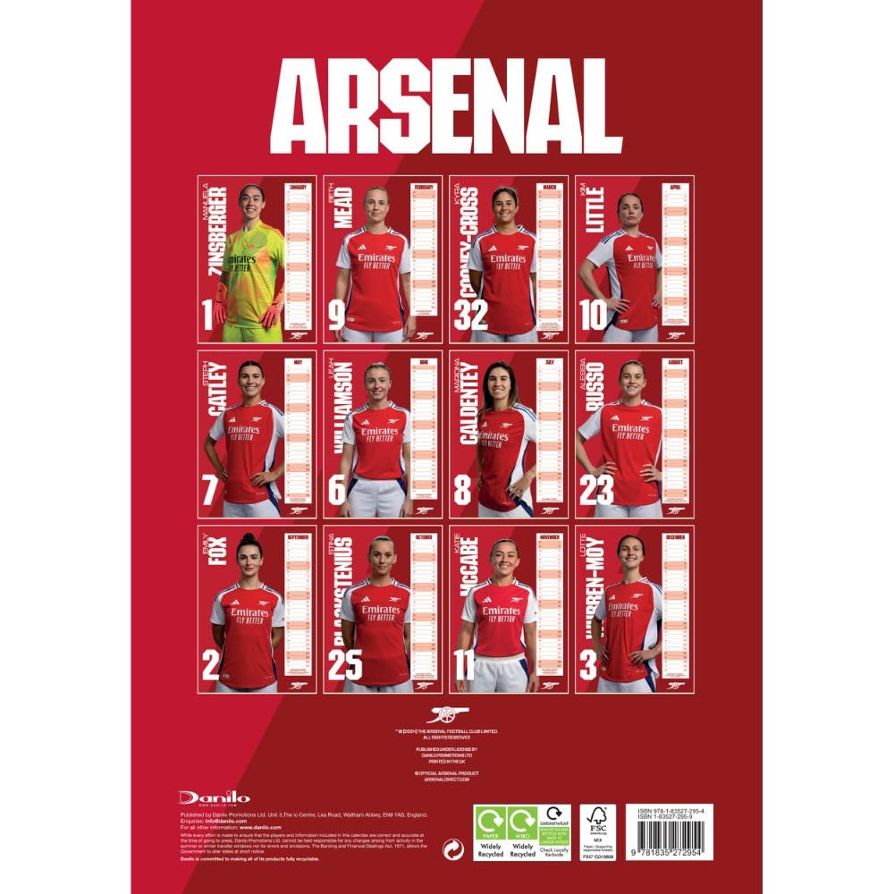 2025 A3 Wall Calendar Showcasing Arsenal Women's FC Players