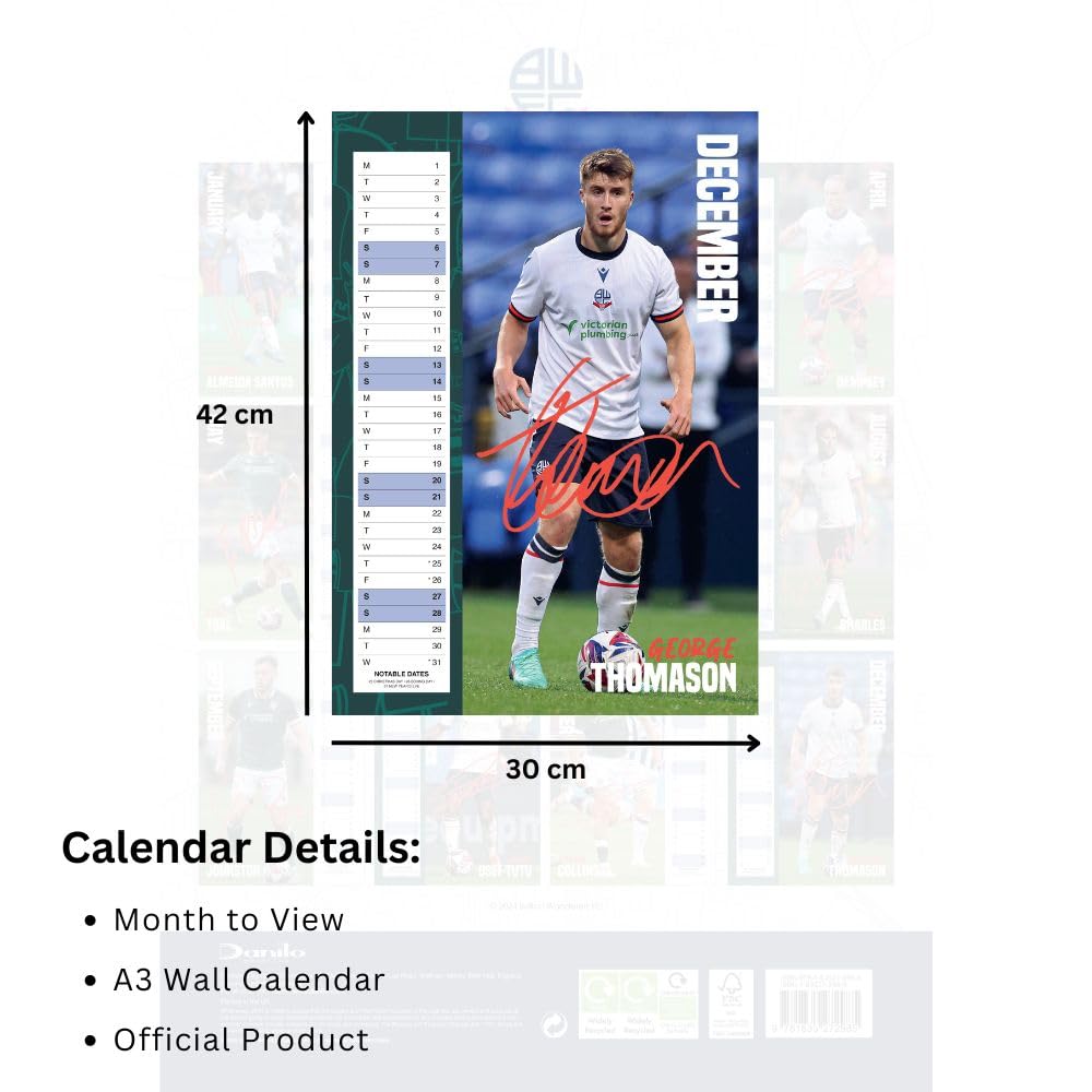 2025 A3 Wall Calendar Showcasing Bolton Wanderers FC Players