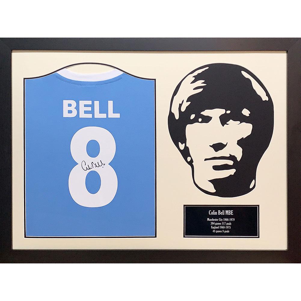 Framed Autographed Manchester City FC Retro Replica Shirt by Legendary Player Colin Bell