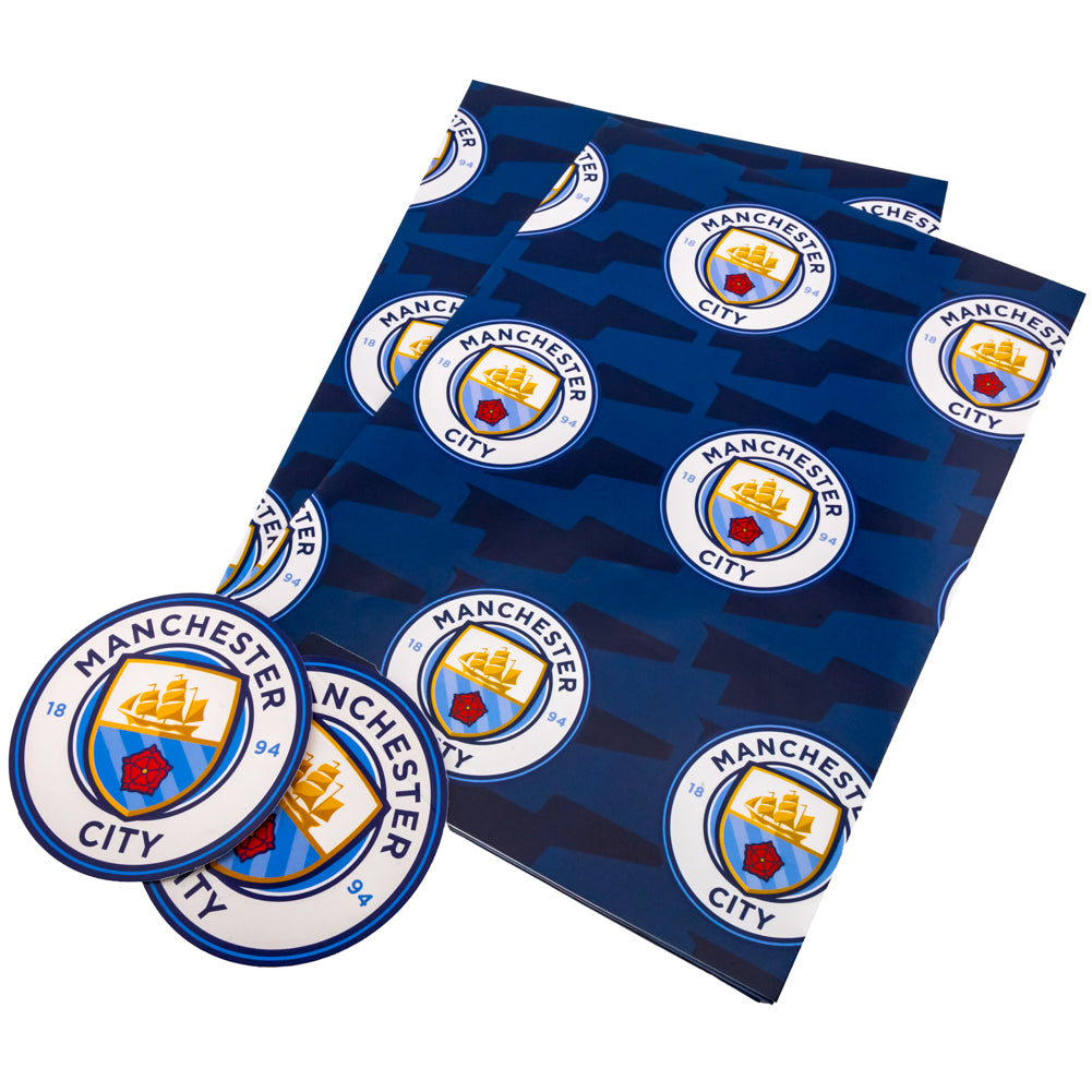 Vibrant Manchester City FC Blue Text Gift Wrap with Crest Tags