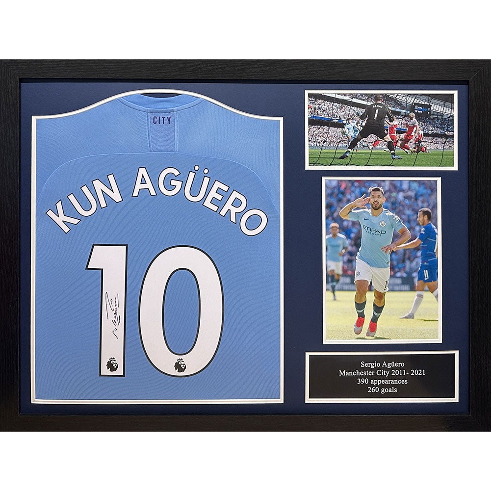 Framed Manchester City FC Sergio Aguero Autographed Replica Shirt from 2019 - 2020 Season