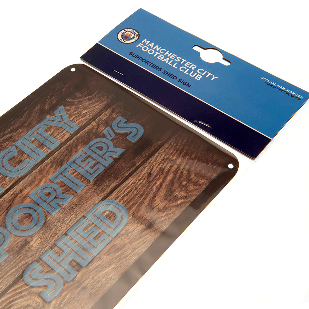 Authentic Metal Shed Sign with Manchester City FC Club Crest and Wood Panel Look