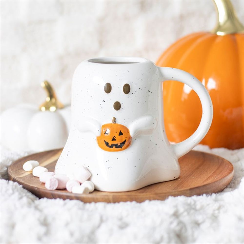 Halloween-themed Ghost-shaped Ceramic Mug with a Tiny Orange Pumpkin Decoration