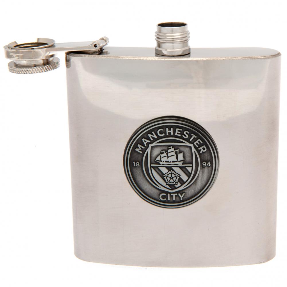6oz Stainless Steel Manchester City FC Hip Flask with Antique Badge
