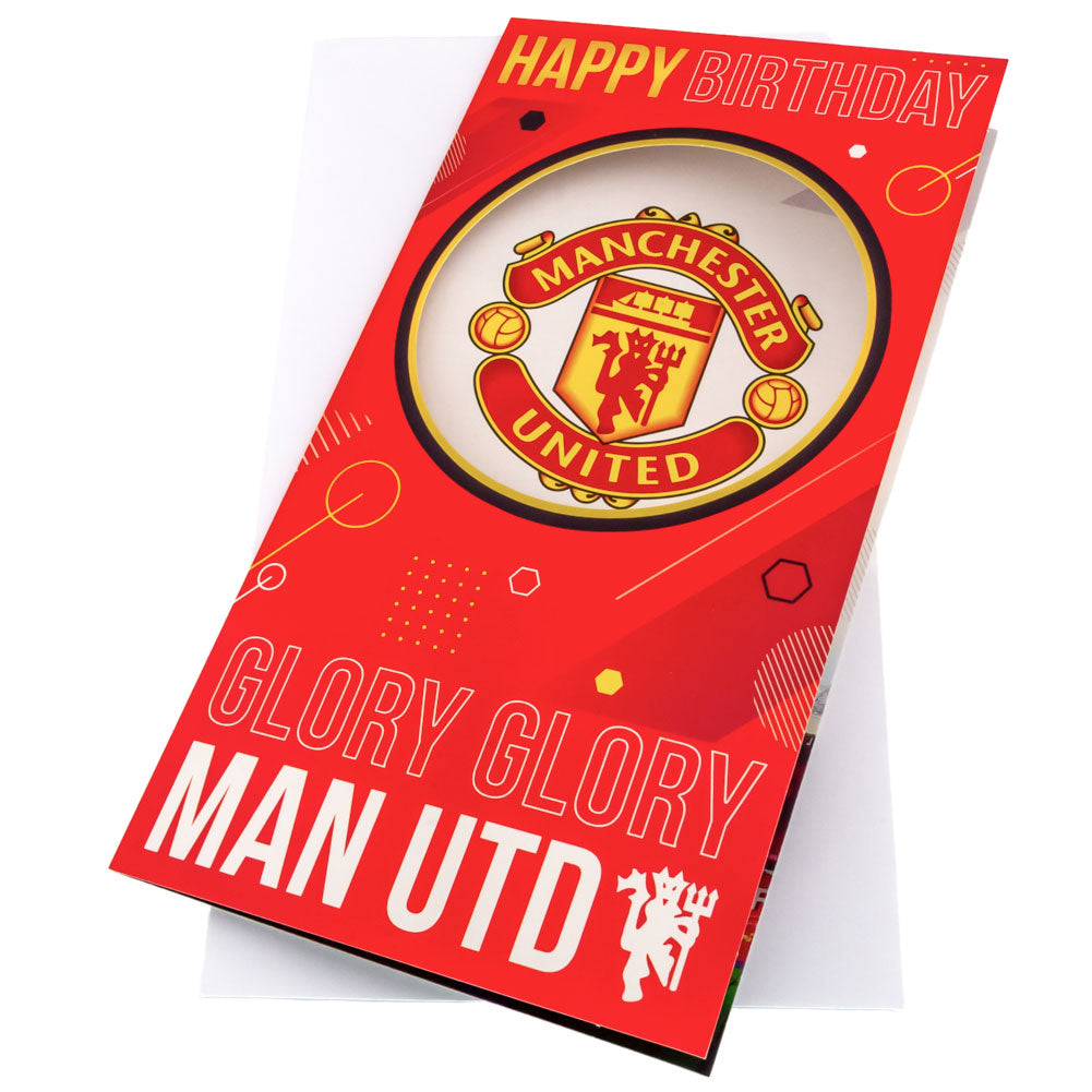 Manchester United Football Club Colorful Gloss Finish Fold-Out Birthday Greeting Card with Glory Glory Slogan