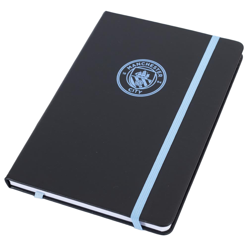 Classic Sky Blue Crest Embossed Manchester City FC Premium Black Faux Leather Notebook