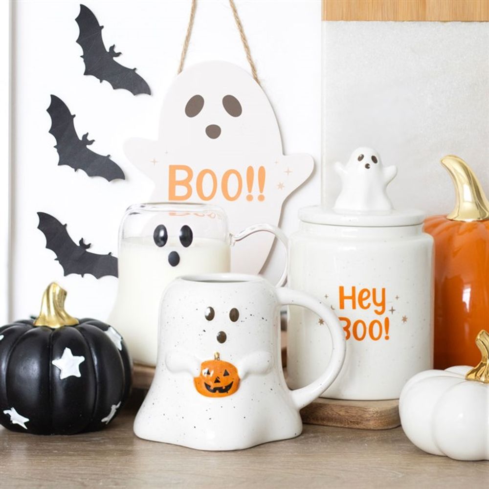Adorable Ceramic Hey Boo Ghost Themed Halloween Storage Jar