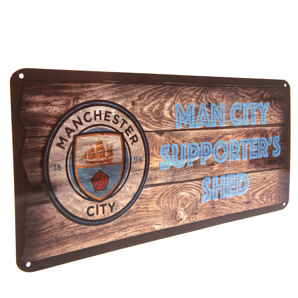 Authentic Metal Shed Sign with Manchester City FC Club Crest and Wood Panel Look