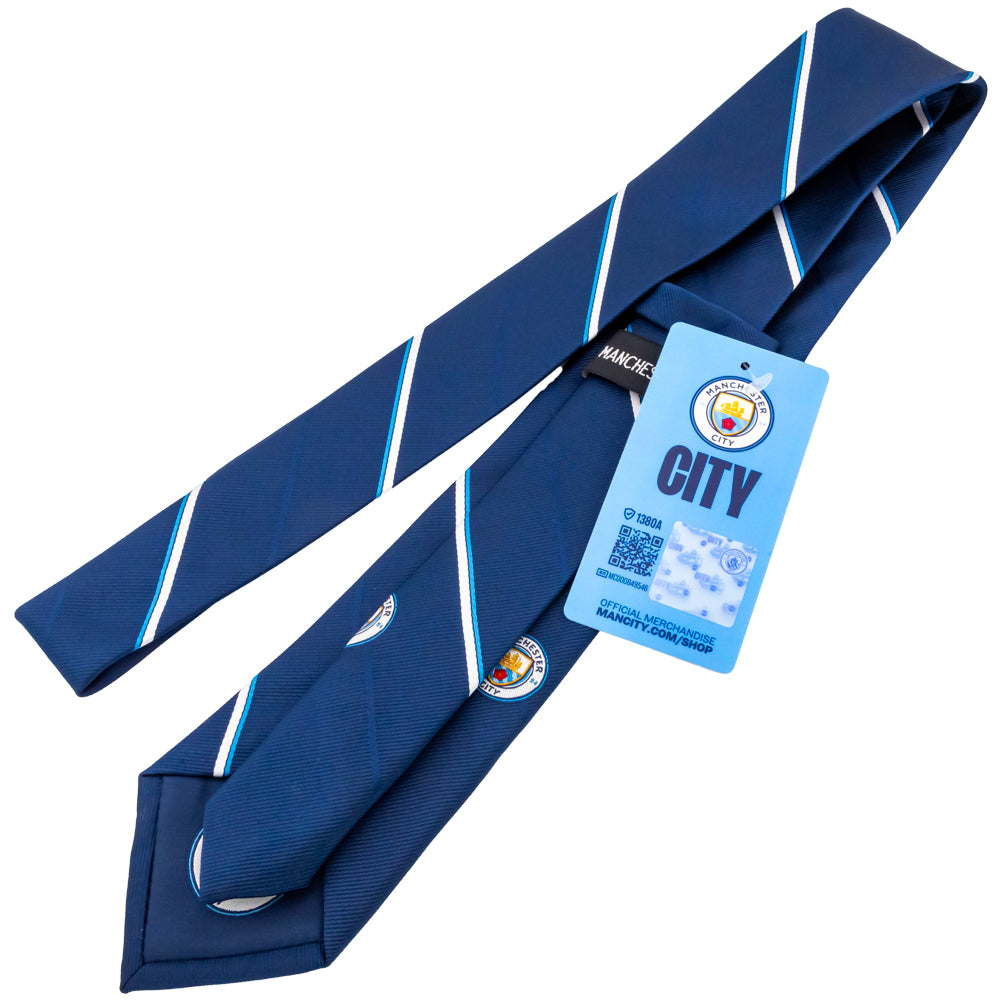 Navy Blue and White Striped Manchester City FC Embroidered Tie