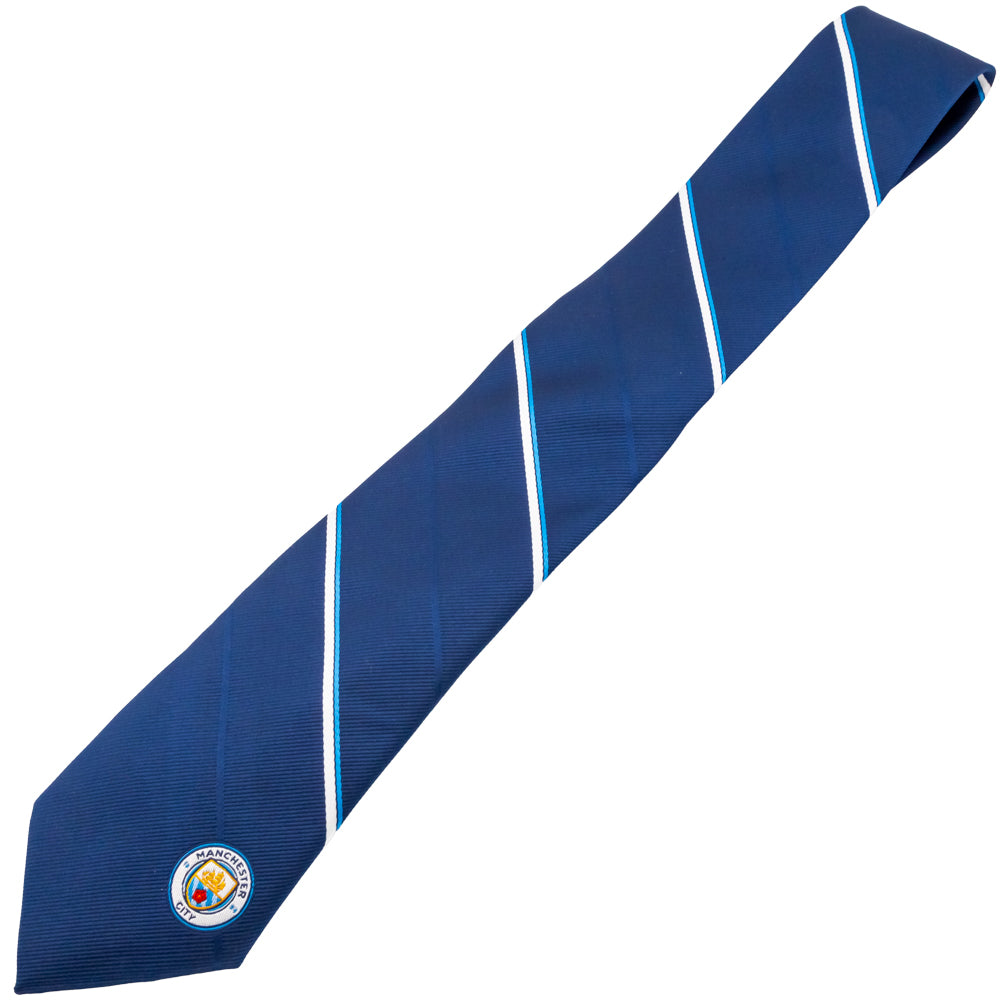 Navy Blue and White Striped Manchester City FC Embroidered Tie