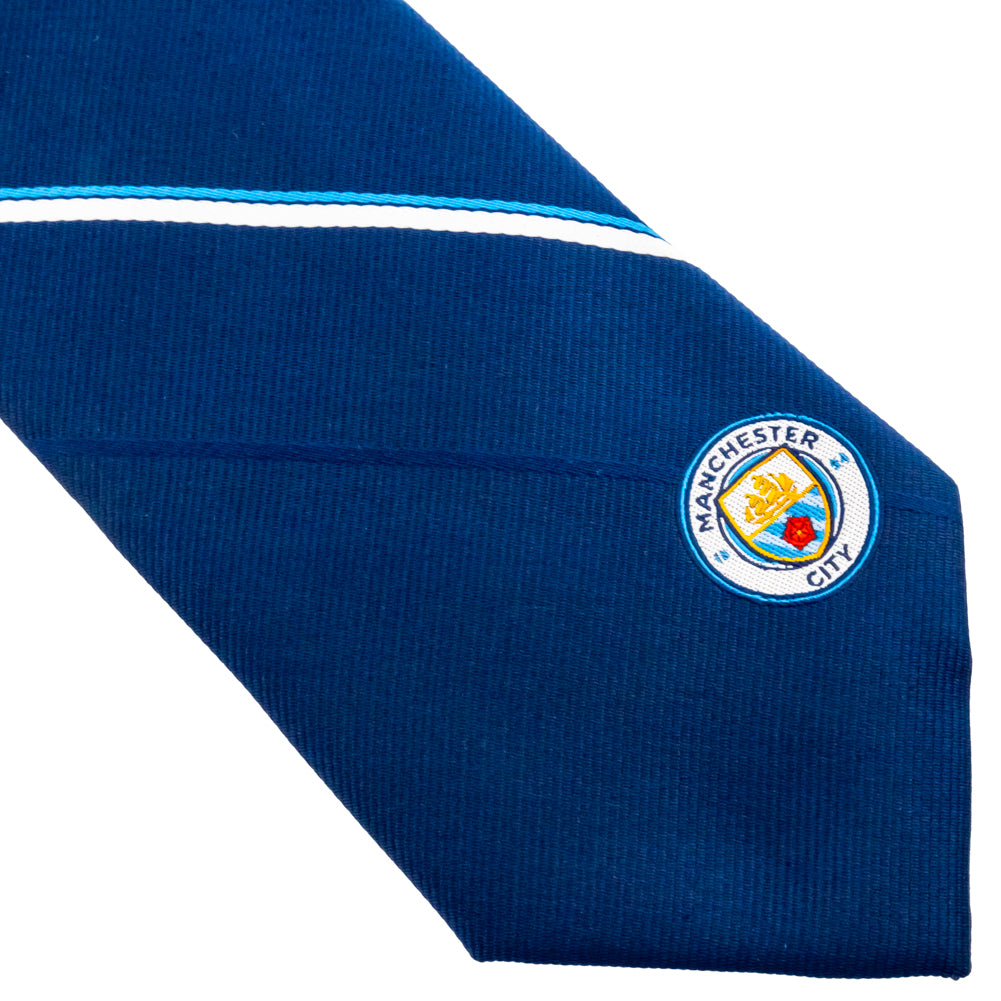 Navy Blue and White Striped Manchester City FC Embroidered Tie