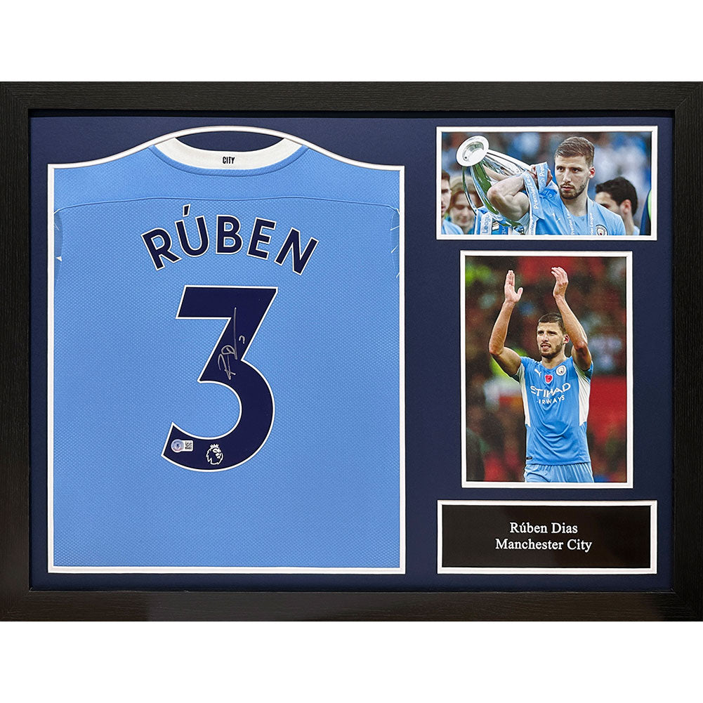Framed Authentic Manchester City FC Home Replica Shirt Hand-Signed by Ruben Dias