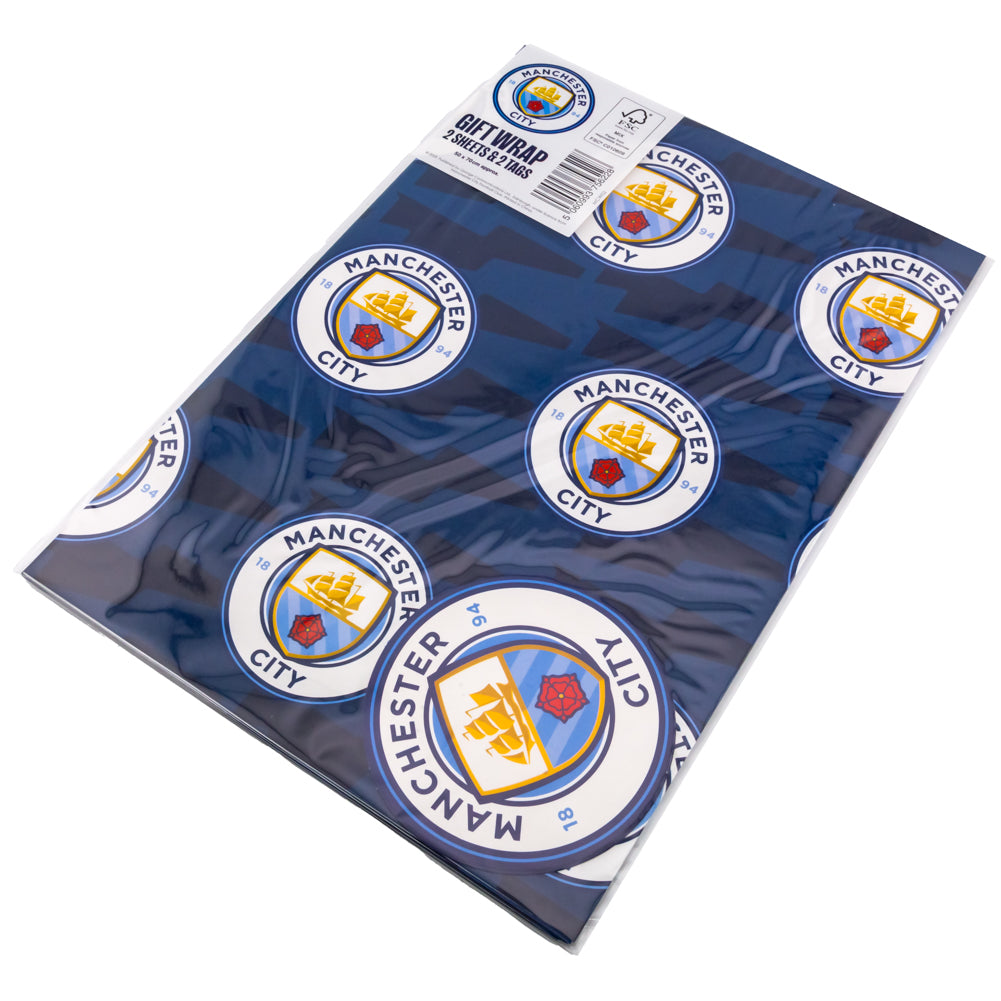 Vibrant Manchester City FC Blue Text Gift Wrap with Crest Tags