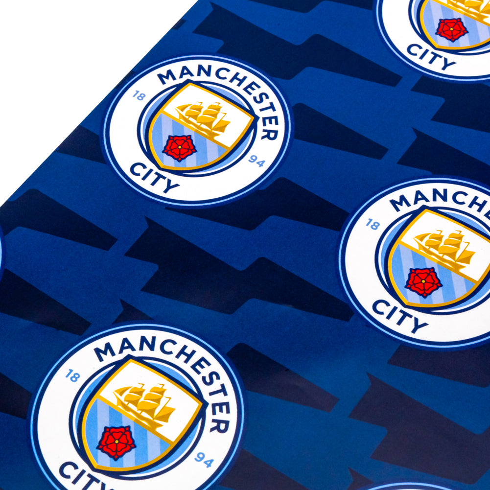 Vibrant Manchester City FC Blue Text Gift Wrap with Crest Tags