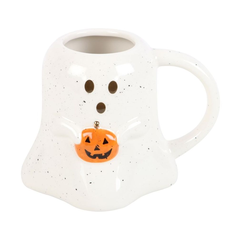 Halloween-themed Ghost-shaped Ceramic Mug with a Tiny Orange Pumpkin Decoration