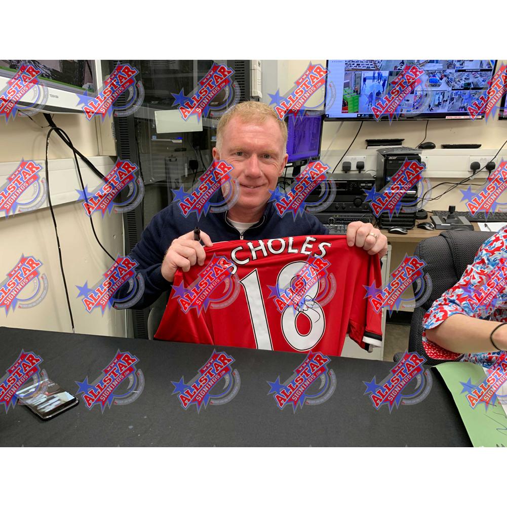 Framed Autographed Manchester United Replica Shirt by Paul Scholes from the 2017 - 2018 Season