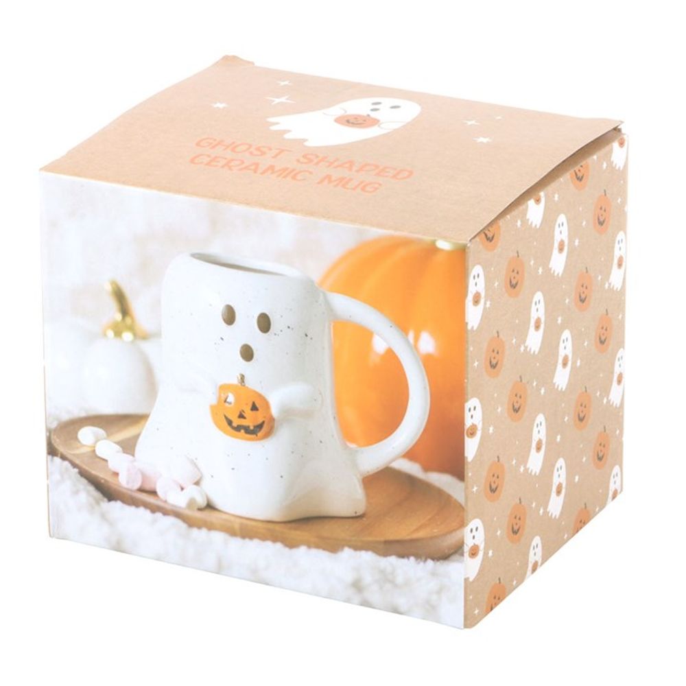 Halloween-themed Ghost-shaped Ceramic Mug with a Tiny Orange Pumpkin Decoration