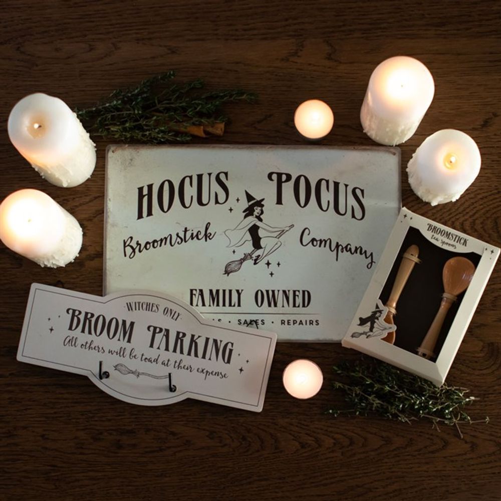 Retro Metal Hanging Sign of Hocus Pocus Broomstick Company
