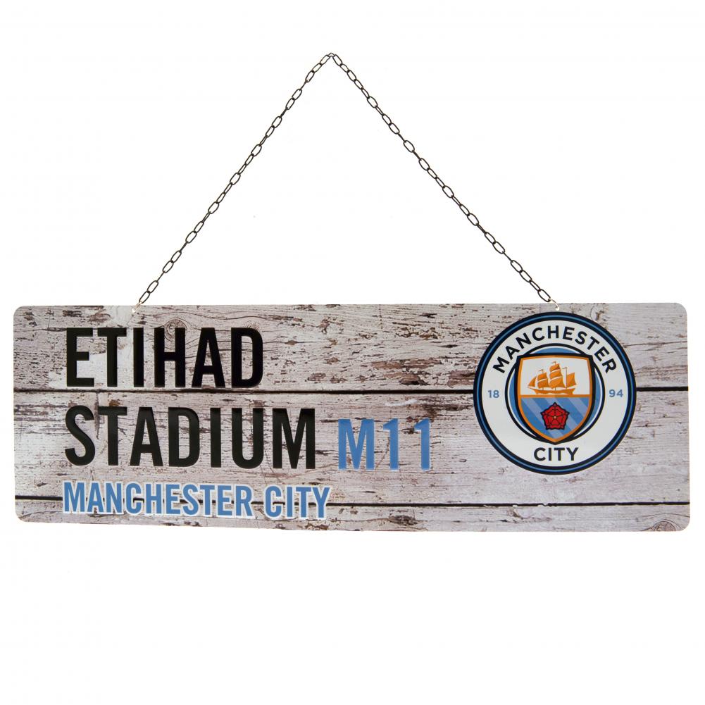 Authentic Manchester City FC Rustic Stamped Metal Hanging Garden Sign