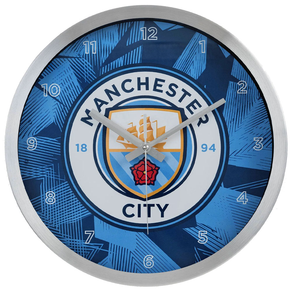 Blue Geometric Design Metal Wall Clock with Manchester City Crest
